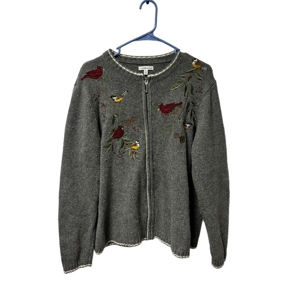 croft & barrow Sweaters - Croft And Borrow XL Long Sleeve Full Zip Grey Sweater Birds Cute Grandma Core